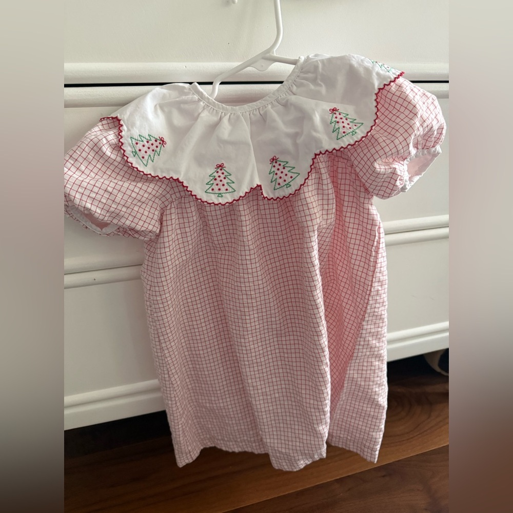 Stitchy Fix Red and White Checkered Dress with Christmas Tree Embroidery